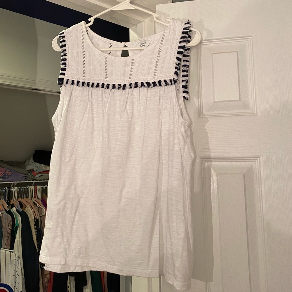 Crown & Ivy Navy/White Fringe Tank Blouse